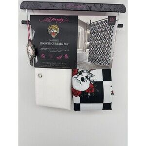 Ed Hardy 14 Piece Shower Curtain Set Check Rose Skulls